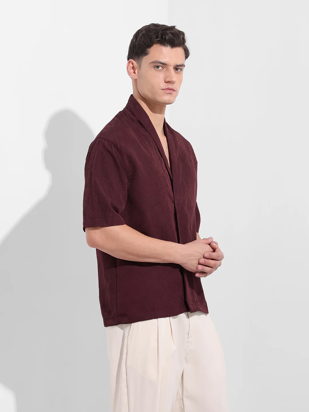Men's Burgundy Relaxed Fit Textured Party Wear Shirt - Image 3
