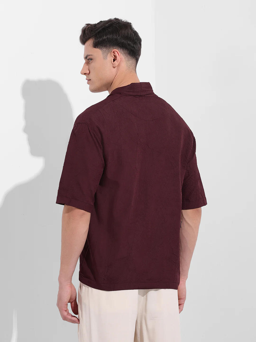 Men's Burgundy Relaxed Fit Textured Party Wear Shirt - Image 4