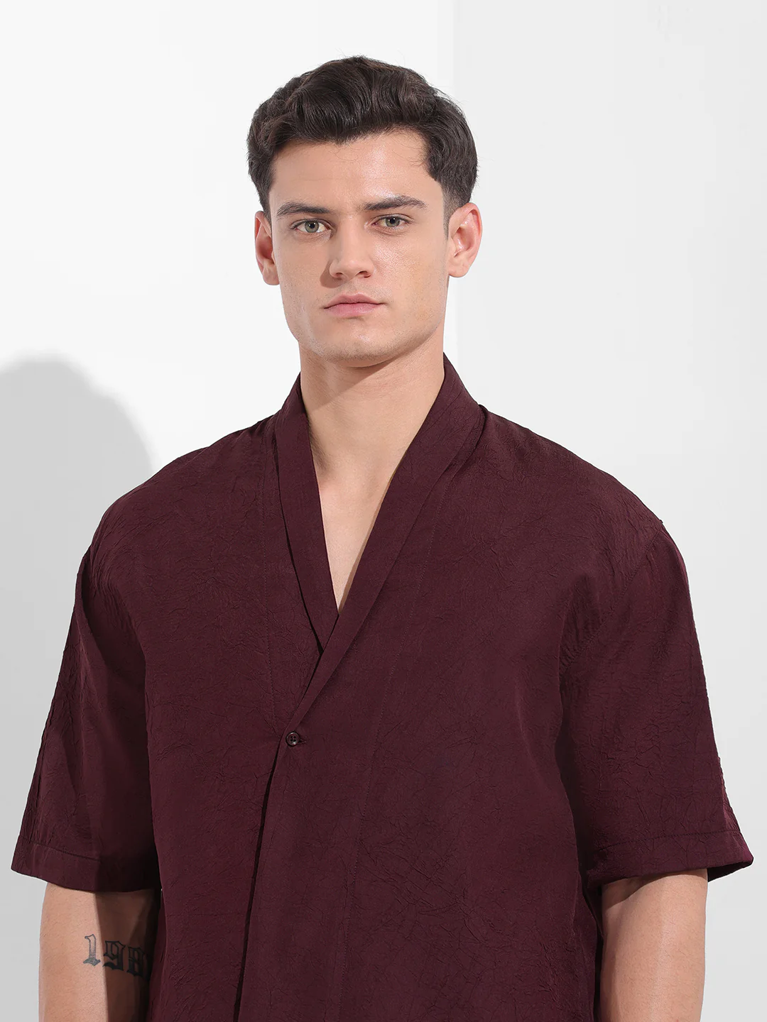 Men's Burgundy Relaxed Fit Textured Party Wear Shirt - Image 5