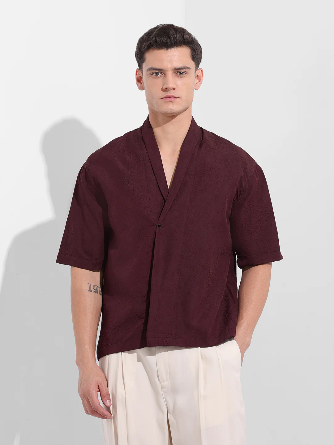 Men's Burgundy Relaxed Fit Textured Party Wear Shirt - Image 7