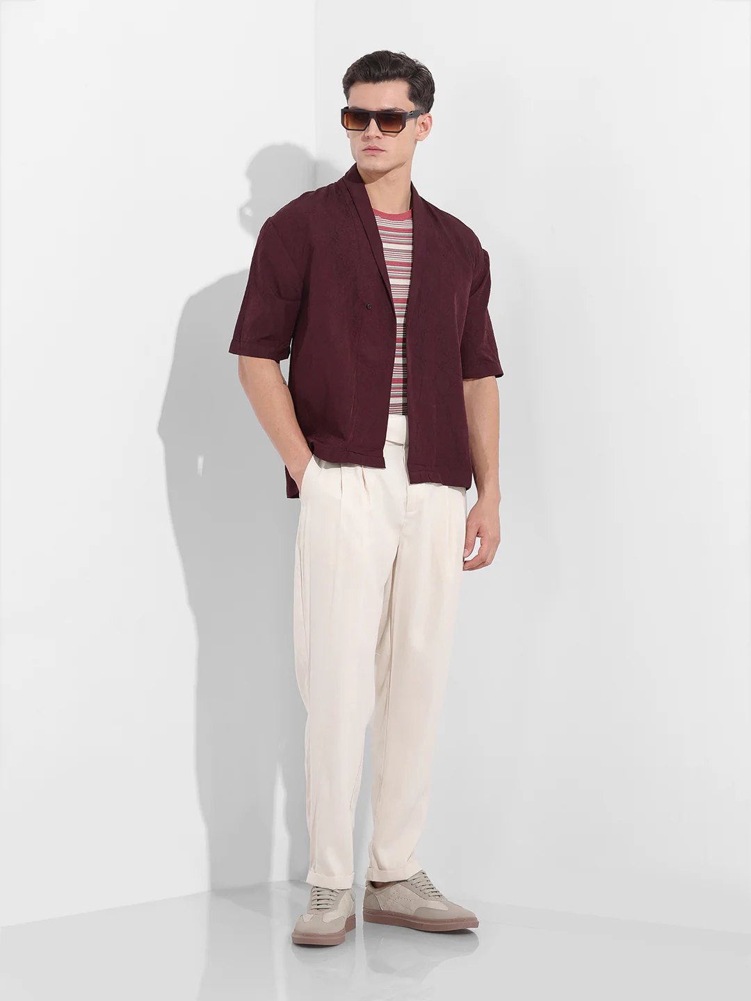 Men's Burgundy Relaxed Fit Textured Party Wear Shirt - Image 8