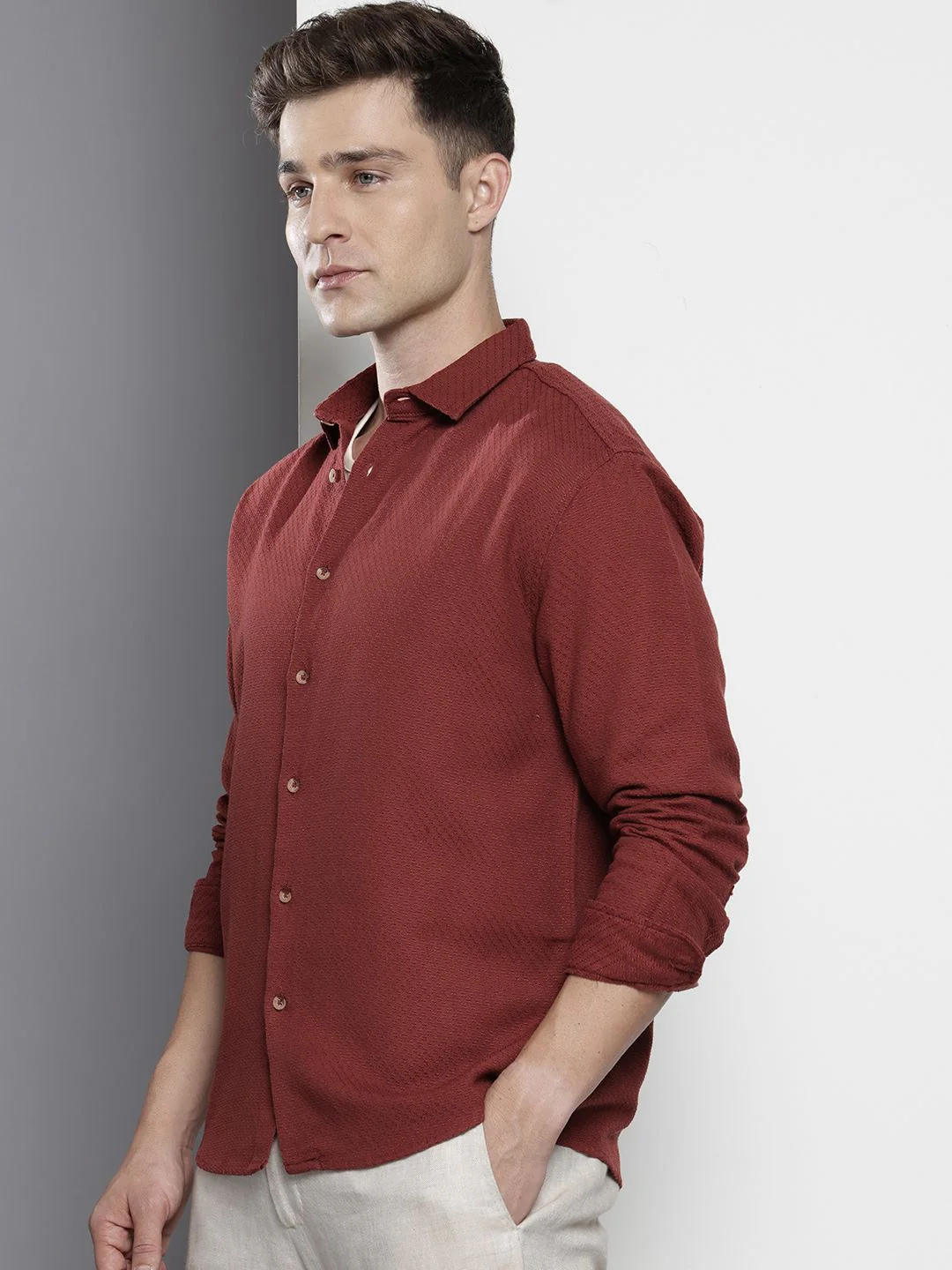 Men's Wine Relaxed Fit Solid Resort Wear Shirt - Image 2