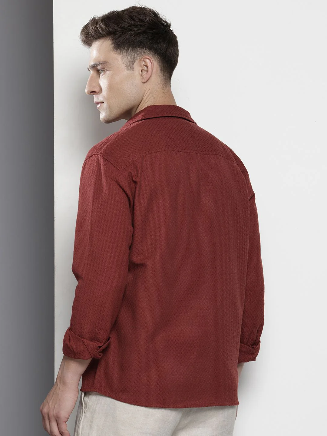 Men's Wine Relaxed Fit Solid Resort Wear Shirt - Image 4