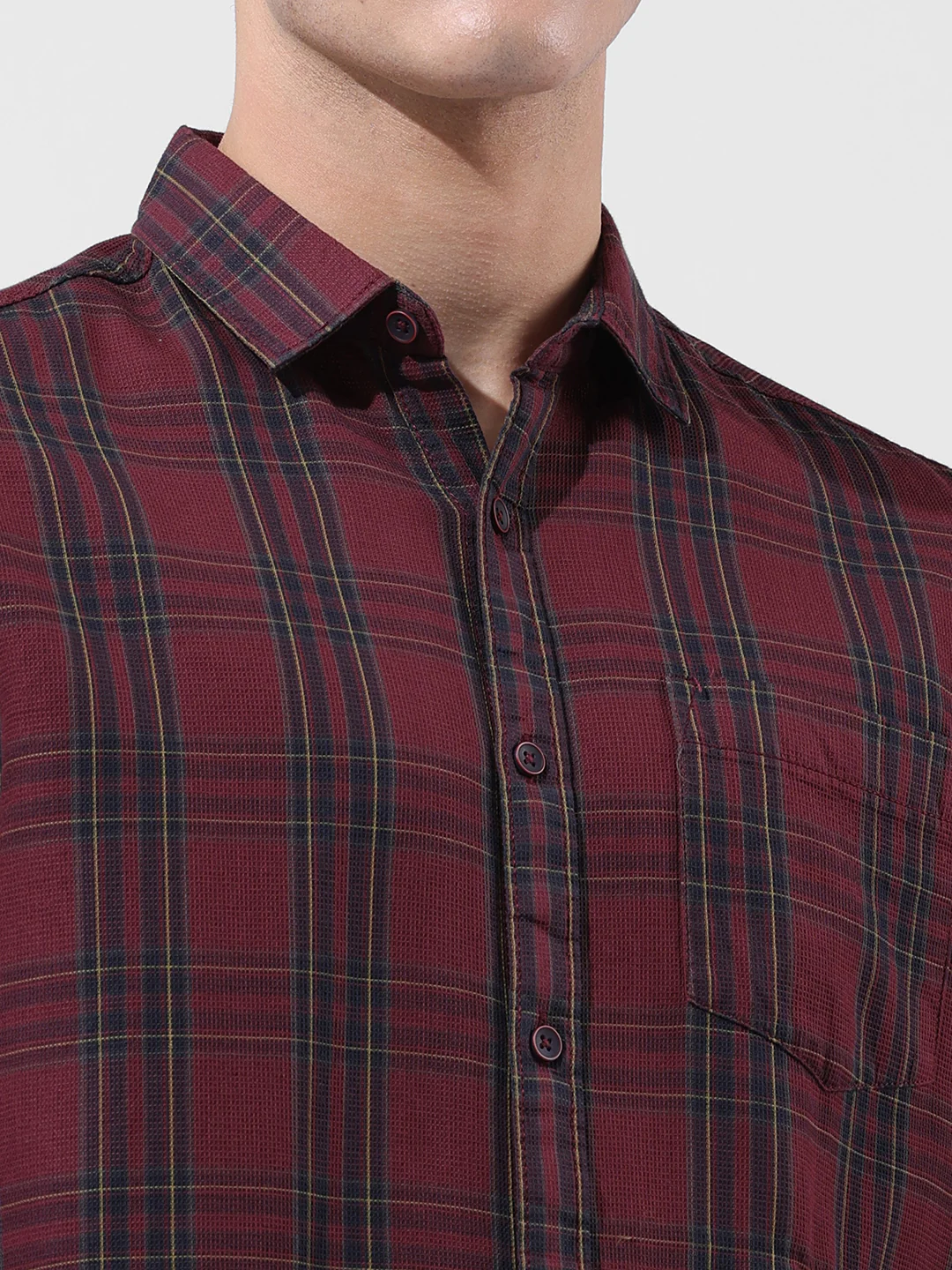 Men's Wine Slim Fit Checked Casual Shirt - Image 6