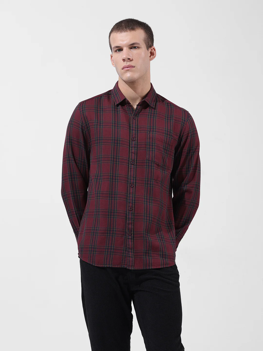 Men's Wine Slim Fit Checked Casual Shirt - Image 7