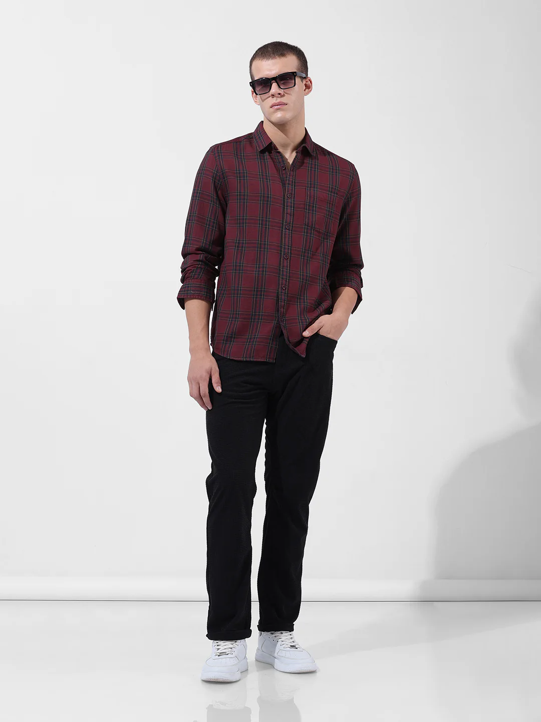 Men's Wine Slim Fit Checked Casual Shirt - Image 8