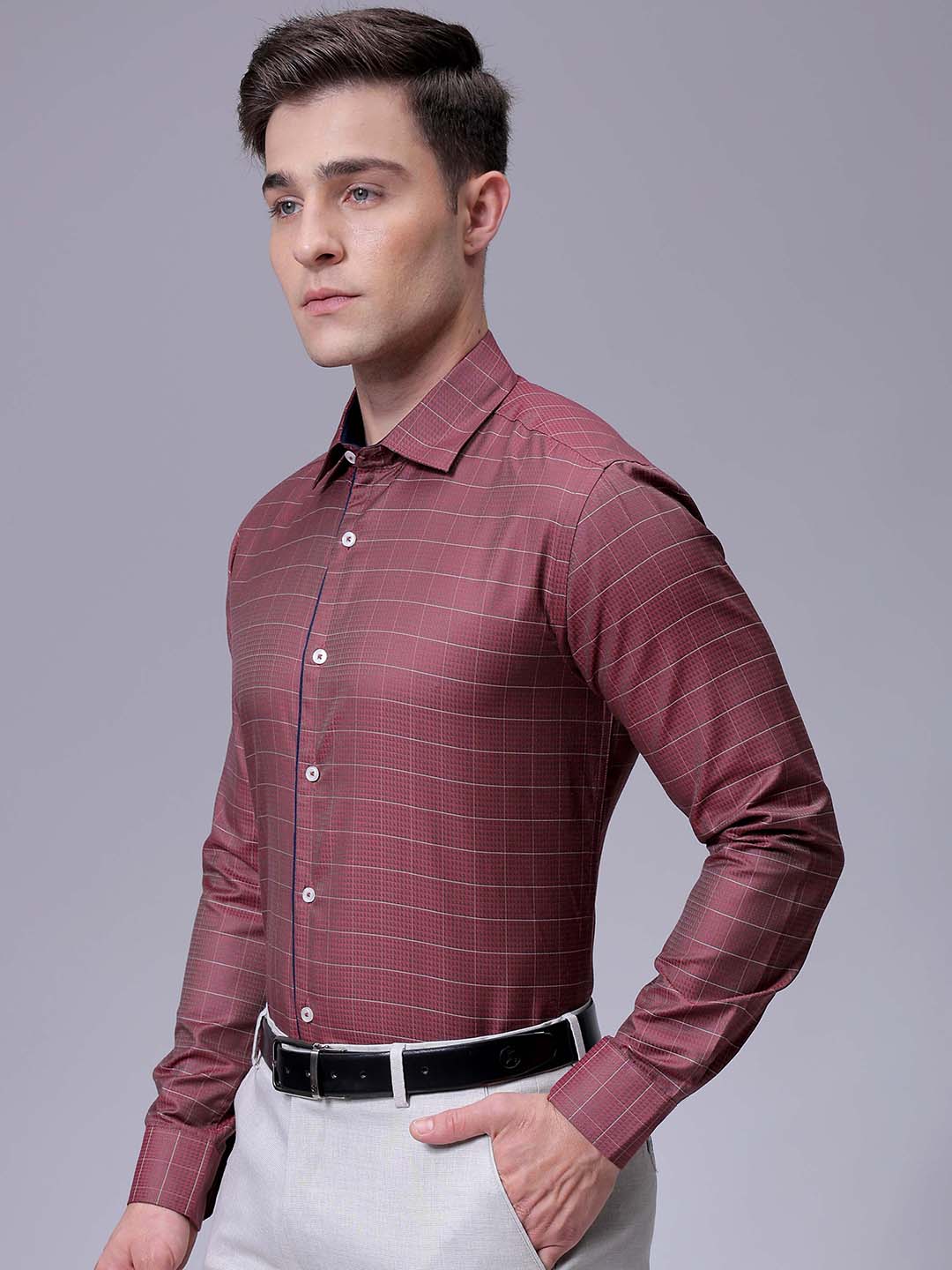 Men's Maroon Slim Fit Checked Formal Shirt - Image 2
