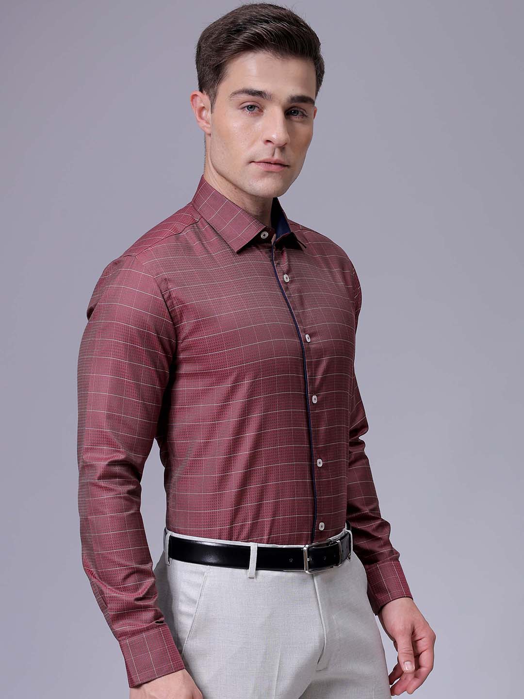 Men's Maroon Slim Fit Checked Formal Shirt - Image 3