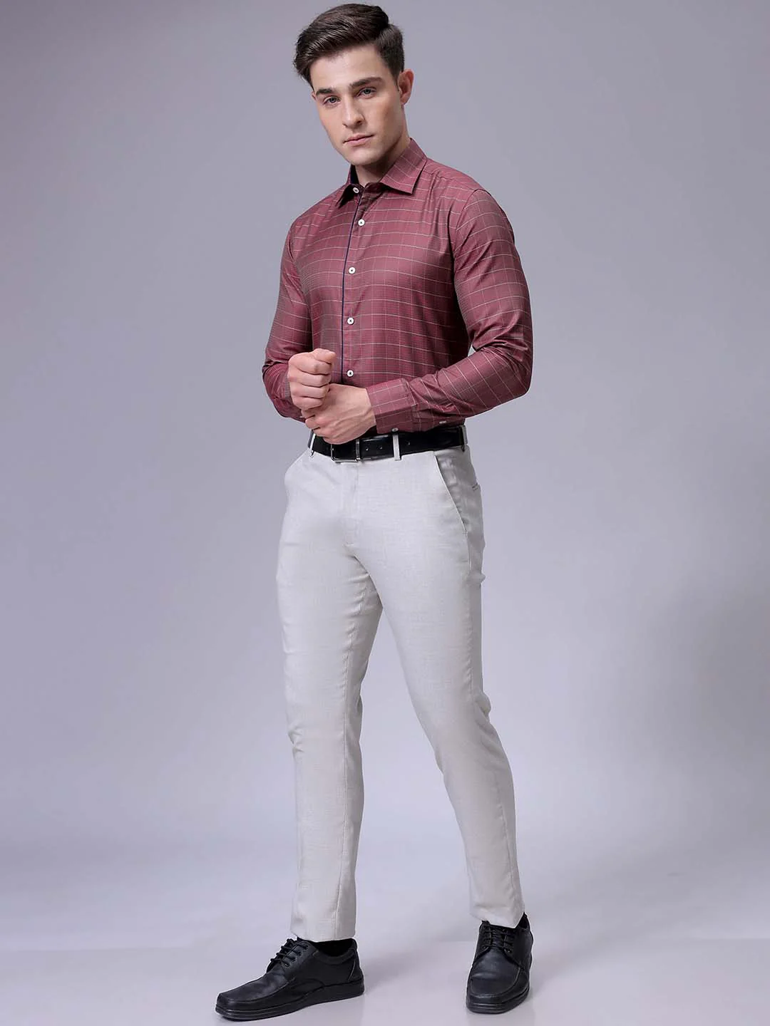 Men's Maroon Slim Fit Checked Formal Shirt - Image 4