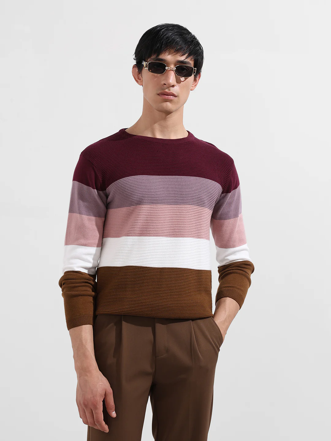 Men's Maroon Slim Fit Solid Flat Knit T-Shirt - Image 2