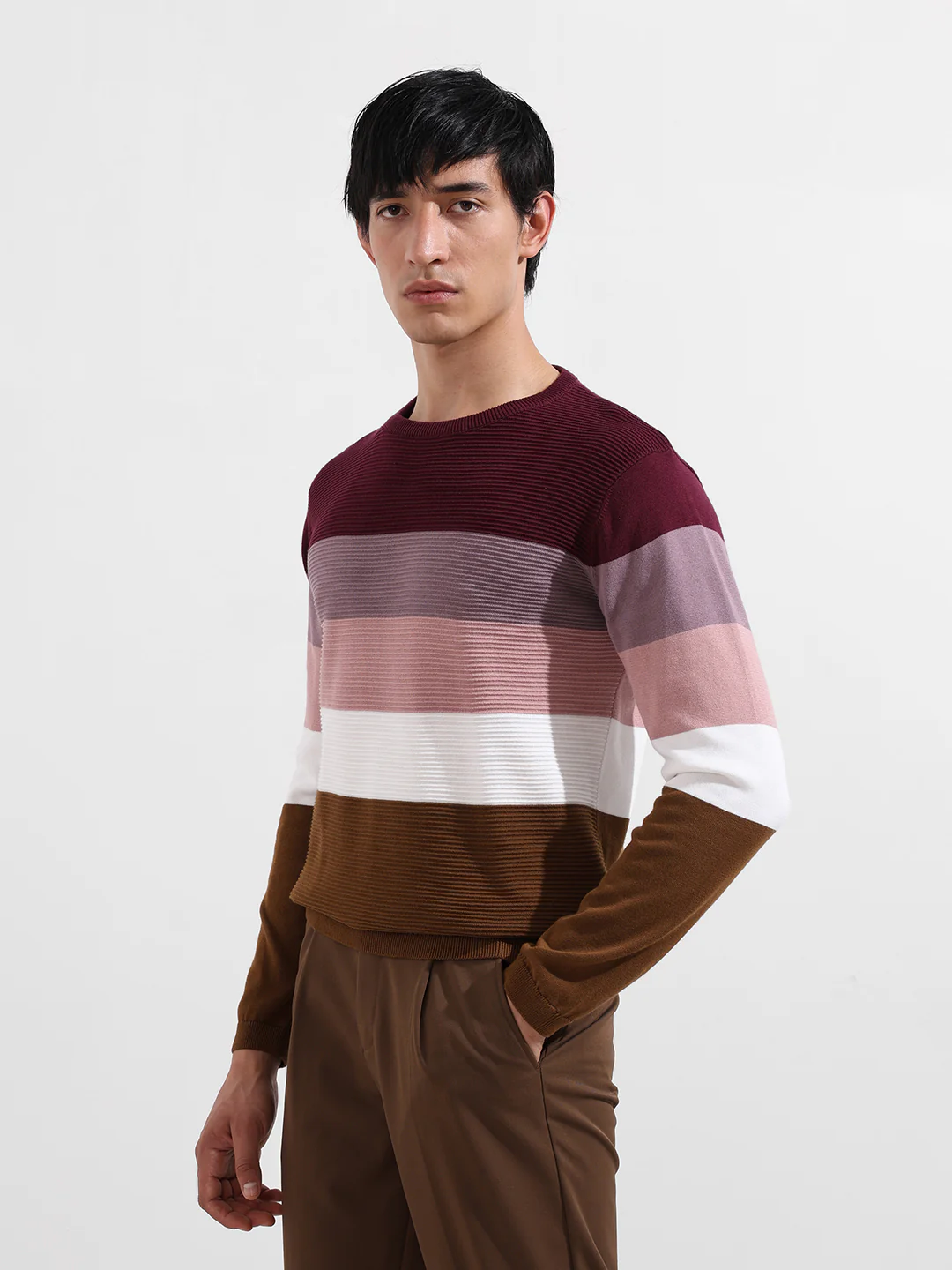 Men's Maroon Slim Fit Solid Flat Knit T-Shirt - Image 5
