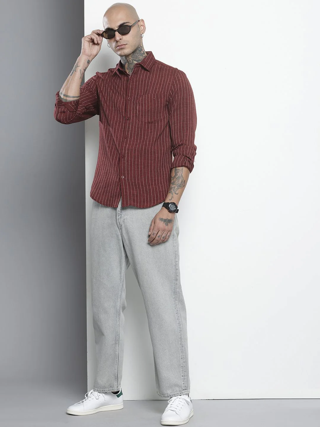 Men's Maroon Slim Fit Striped Casual Shirt - Image 4