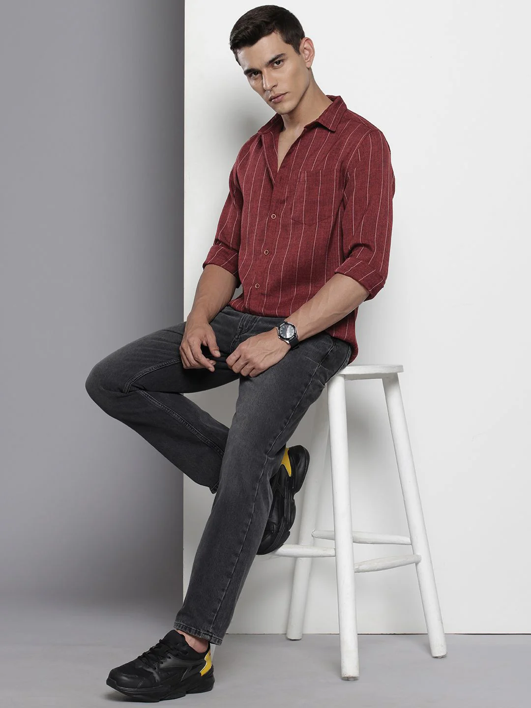 Men's Maroon Slim Fit Striped Casual Shirt - Image 4