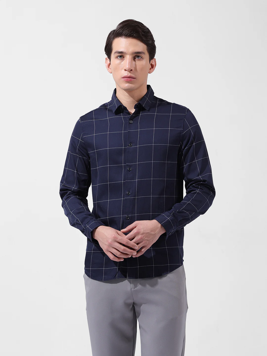 Men's Navy Blue Slim Fit Checked Casual Shirt - Image 7