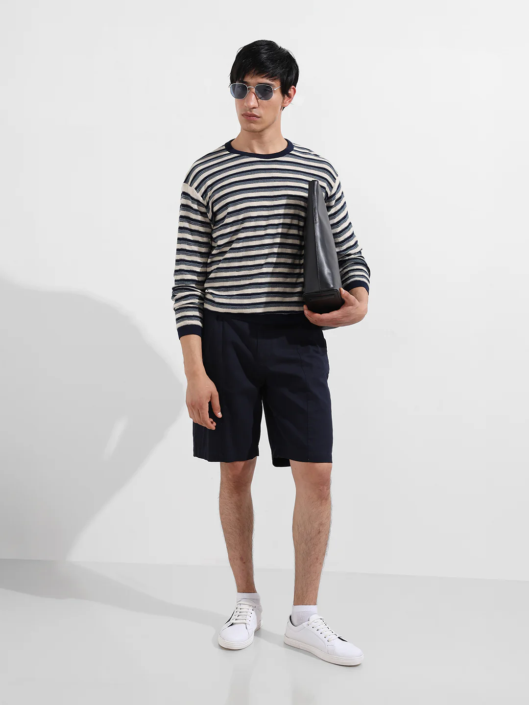 Men's Navy Blue Oversized Fit Striped Flat Knit T-Shirt - Image 2