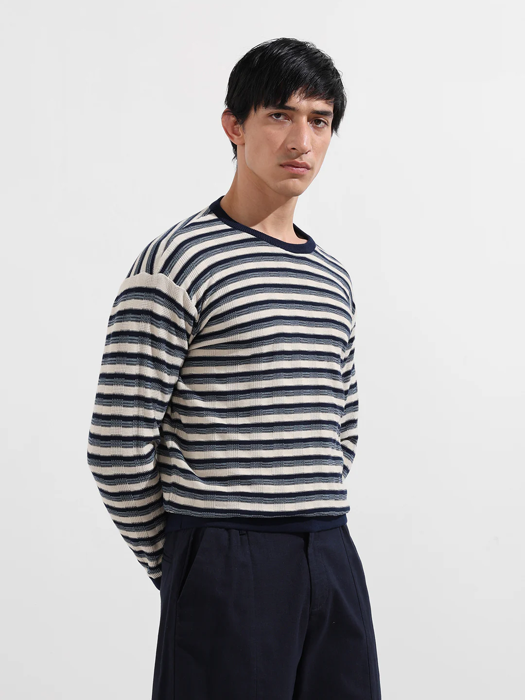 Men's Navy Blue Oversized Fit Striped Flat Knit T-Shirt - Image 3