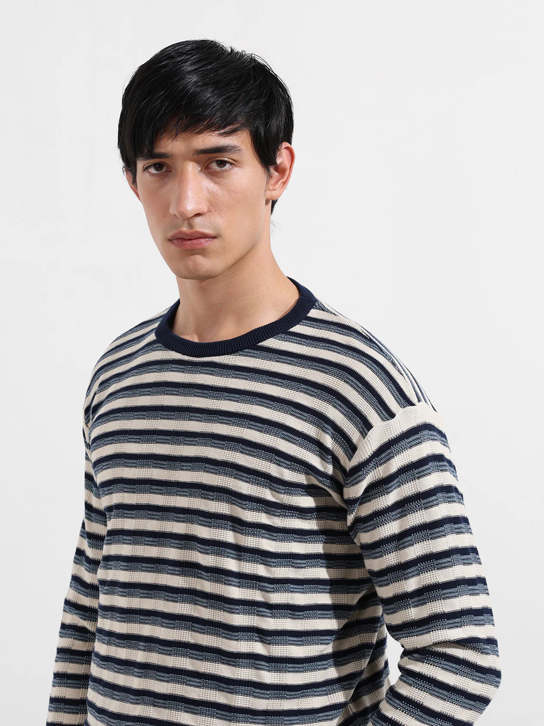 Men's Navy Blue Oversized Fit Striped Flat Knit T-Shirt - Image 4