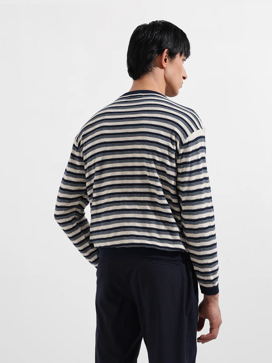 Men's Navy Blue Oversized Fit Striped Flat Knit T-Shirt - Image 5