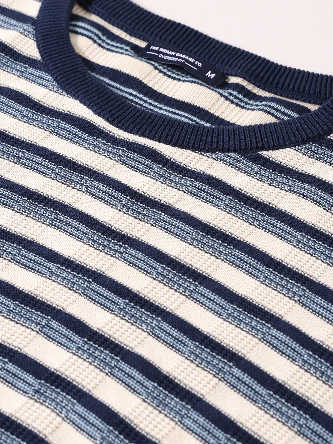 Men's Navy Blue Oversized Fit Striped Flat Knit T-Shirt - Image 6