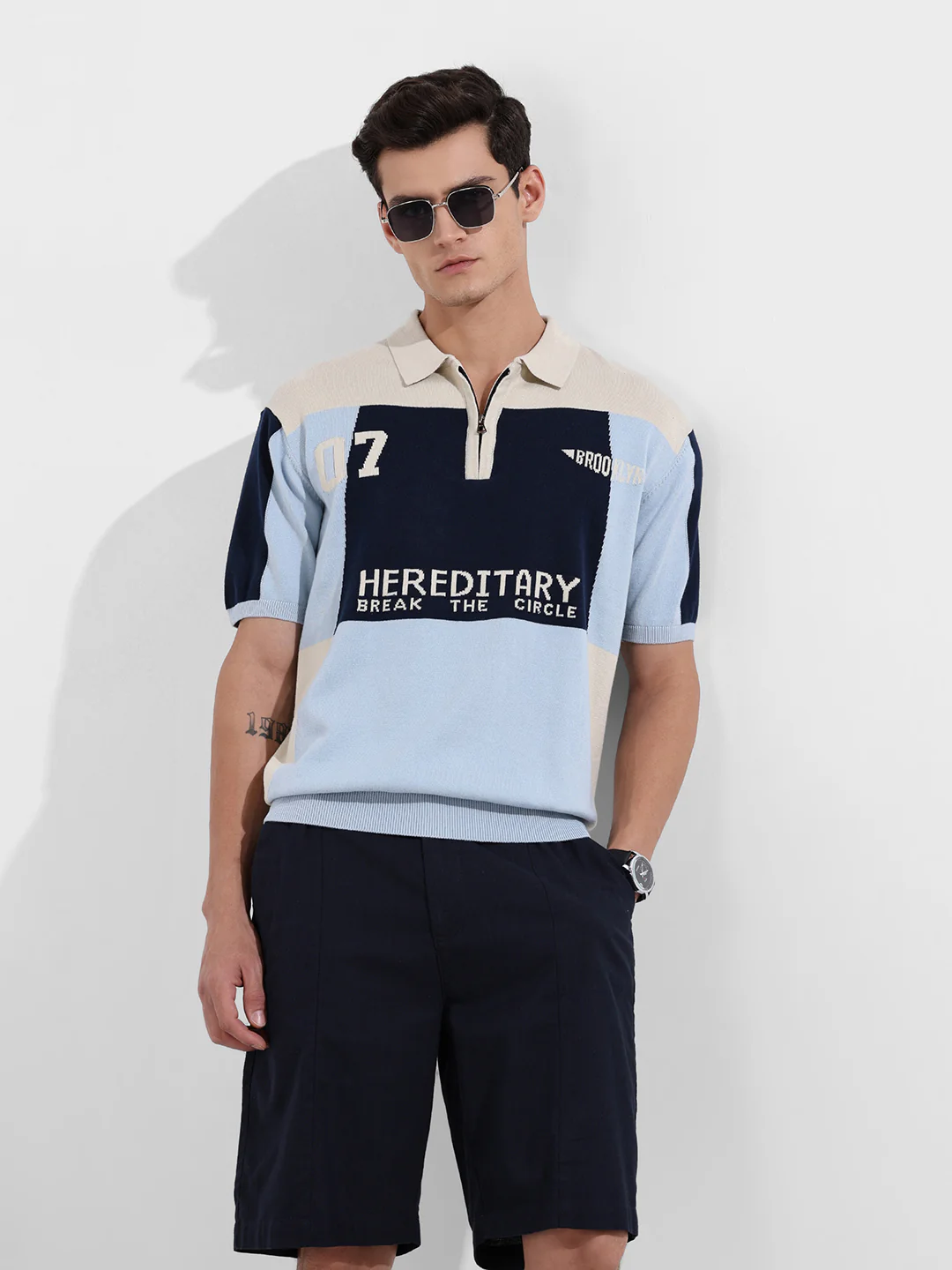 Men's Navy Blue Oversized Fit Solid Flat Knit T-Shirt - Image 2
