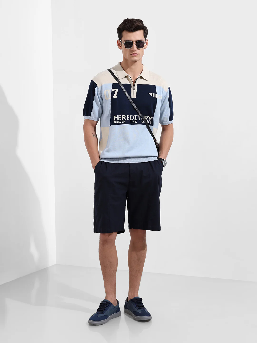 Men's Navy Blue Oversized Fit Solid Flat Knit T-Shirt - Image 3