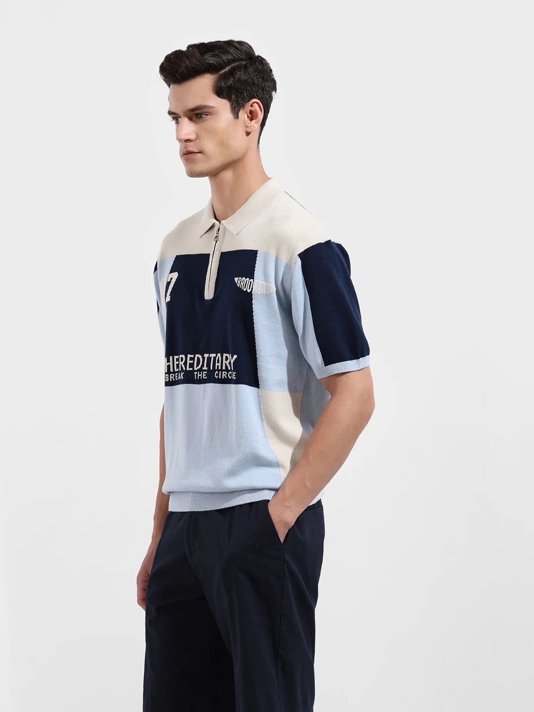 Men's Navy Blue Oversized Fit Solid Flat Knit T-Shirt - Image 4