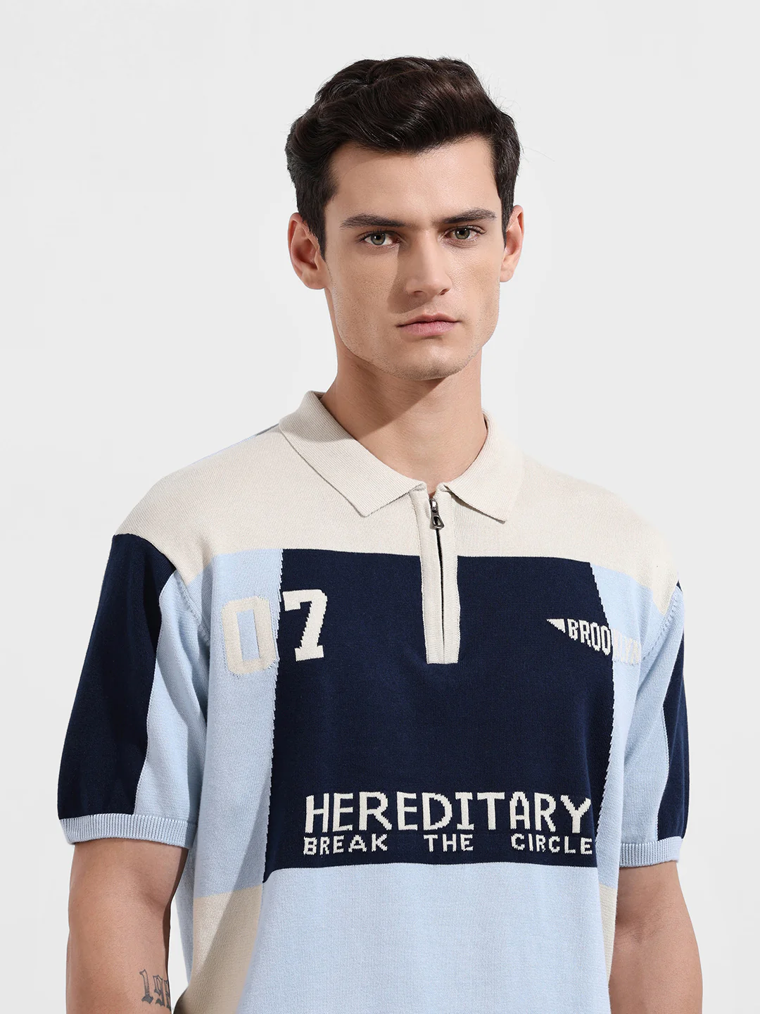Men's Navy Blue Oversized Fit Solid Flat Knit T-Shirt - Image 5
