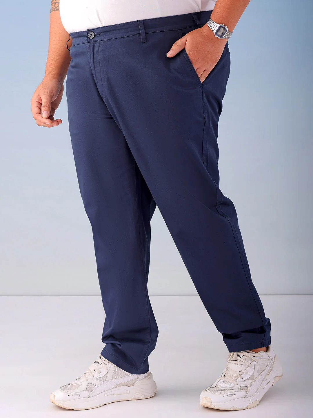 Men's Navy Blue Plus Fit Solid Plus Size Chinos - Image 4