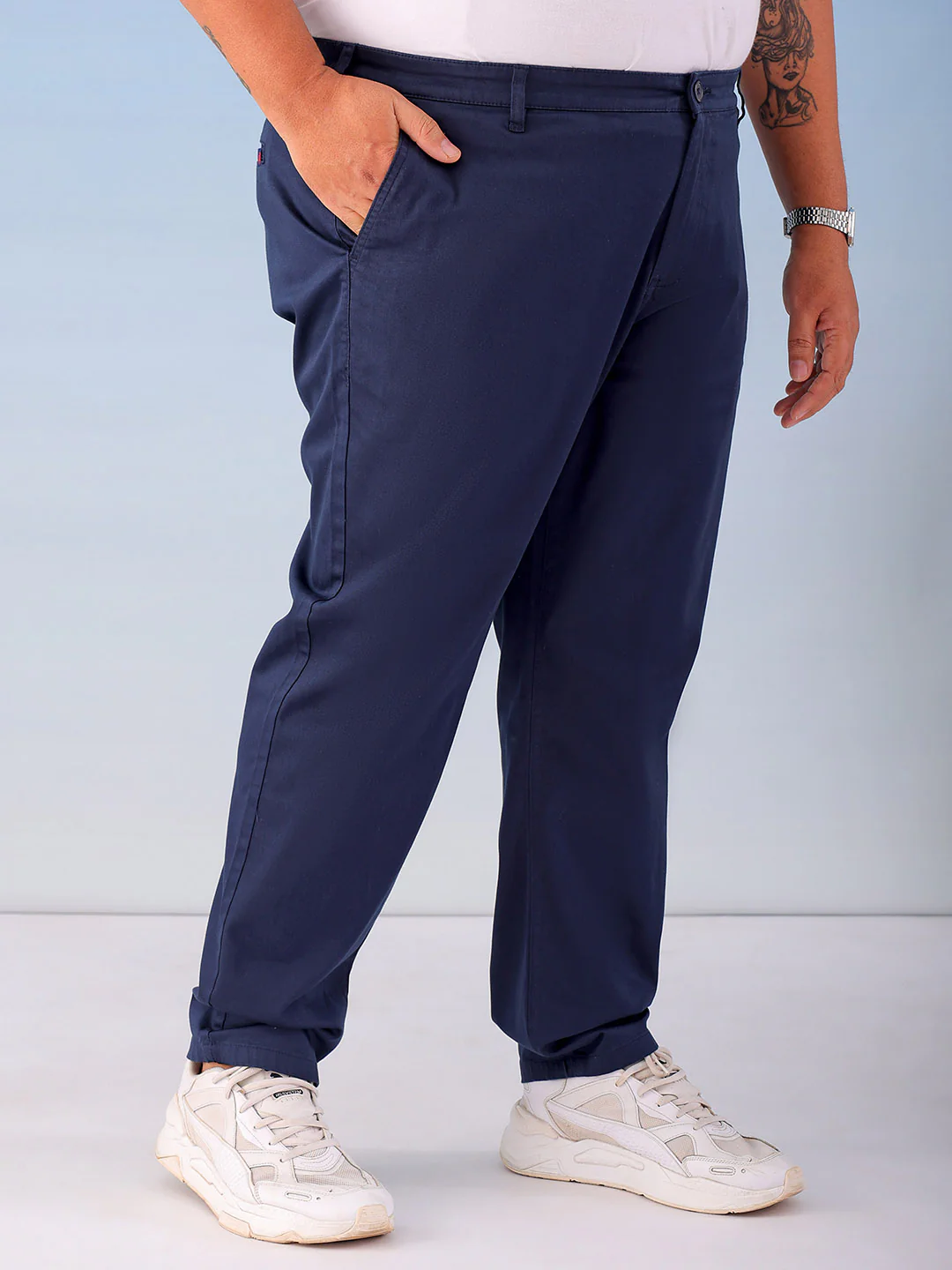 Men's Navy Blue Plus Fit Solid Plus Size Chinos - Image 5