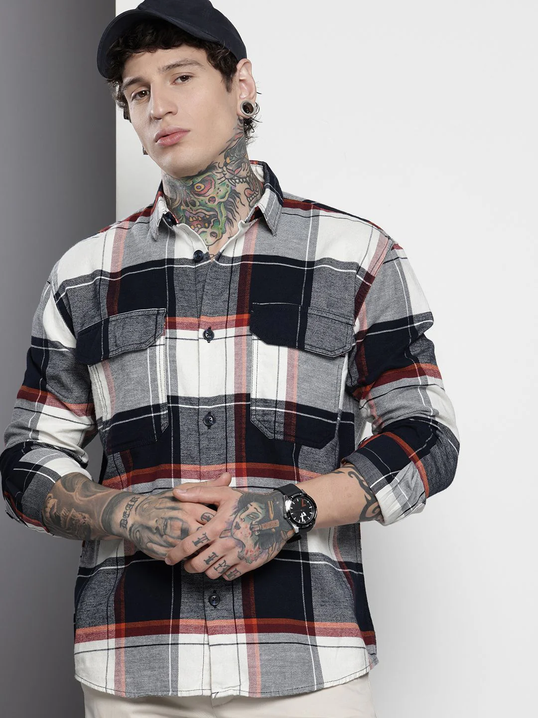 Men's Navy Blue Regular Fit Checked Casual Shirt - Image 2