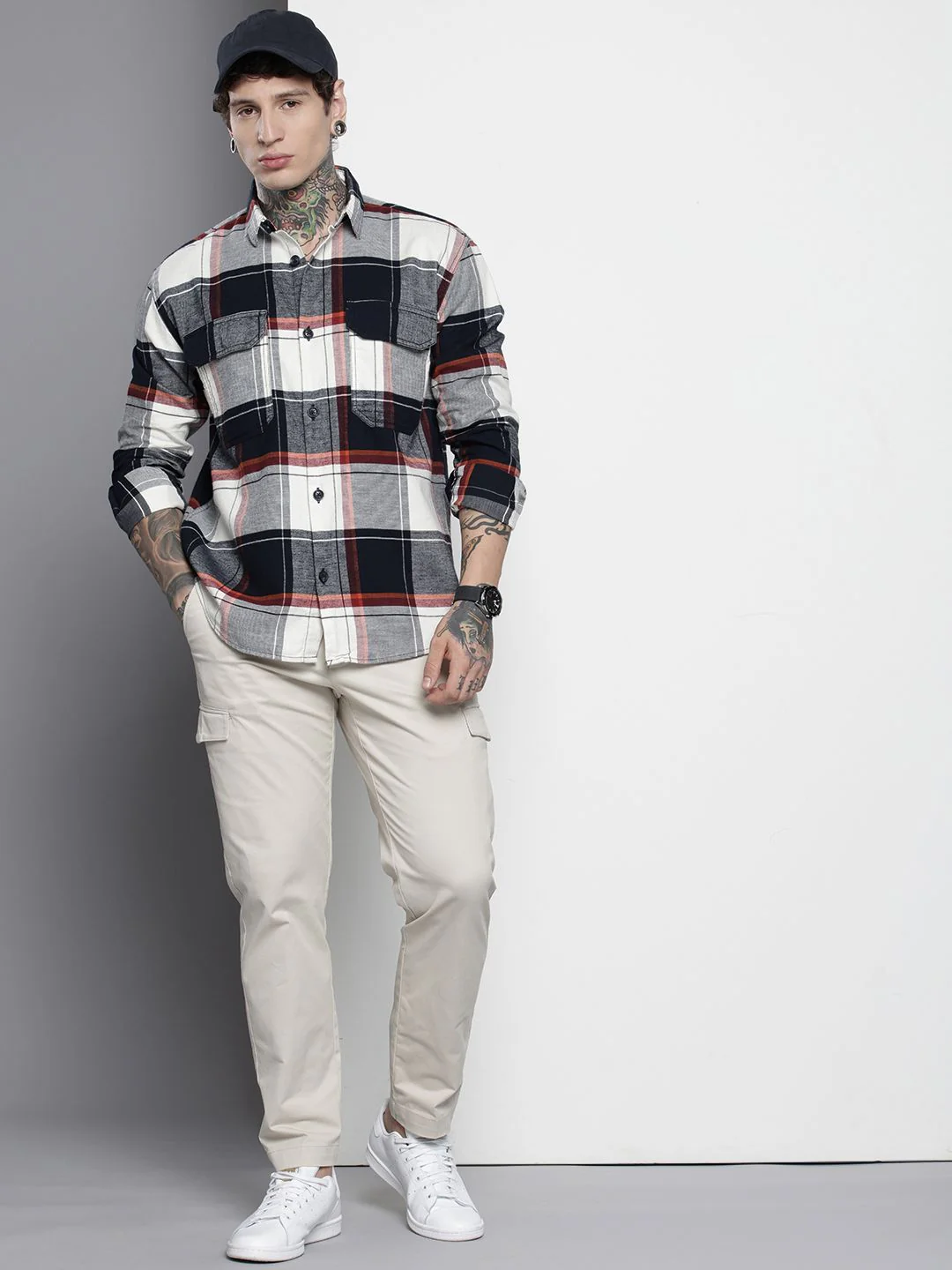 Men's Navy Blue Regular Fit Checked Casual Shirt - Image 3