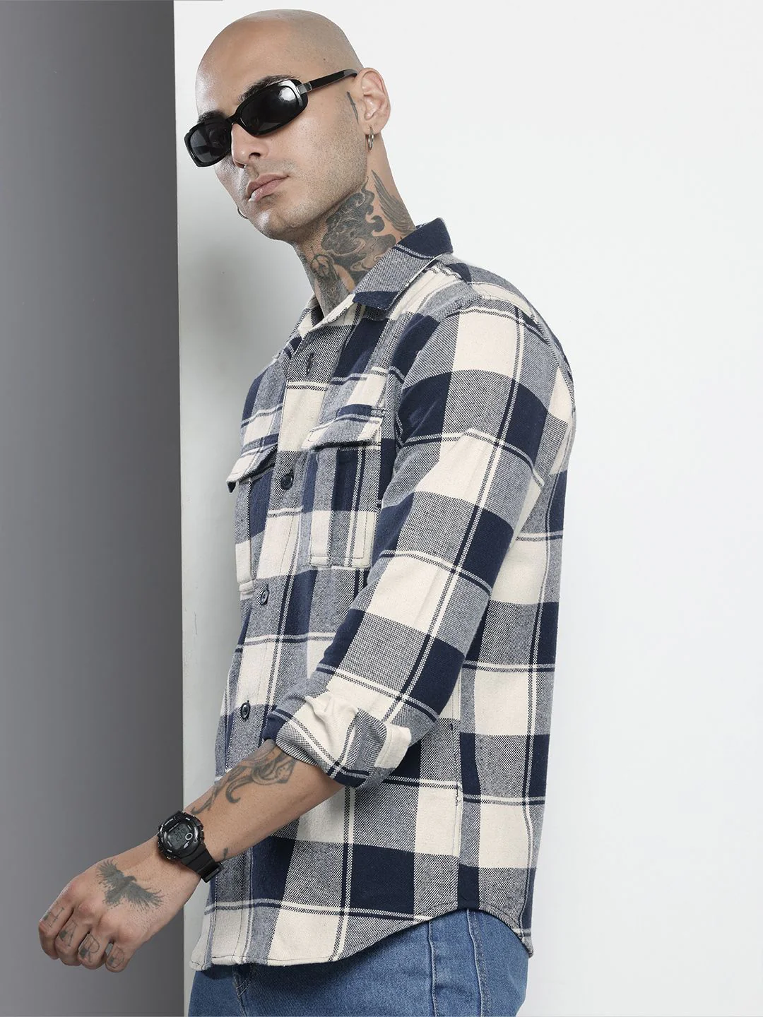Men's Navy Regular Fit Checkered Casual Shirt - Image 2