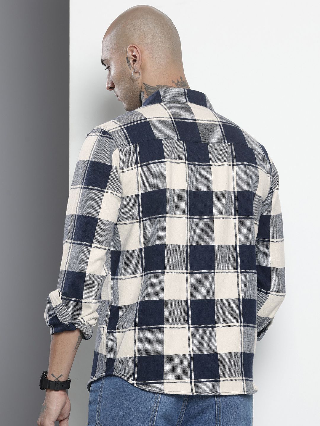Men's Navy Regular Fit Checkered Casual Shirt - Image 3
