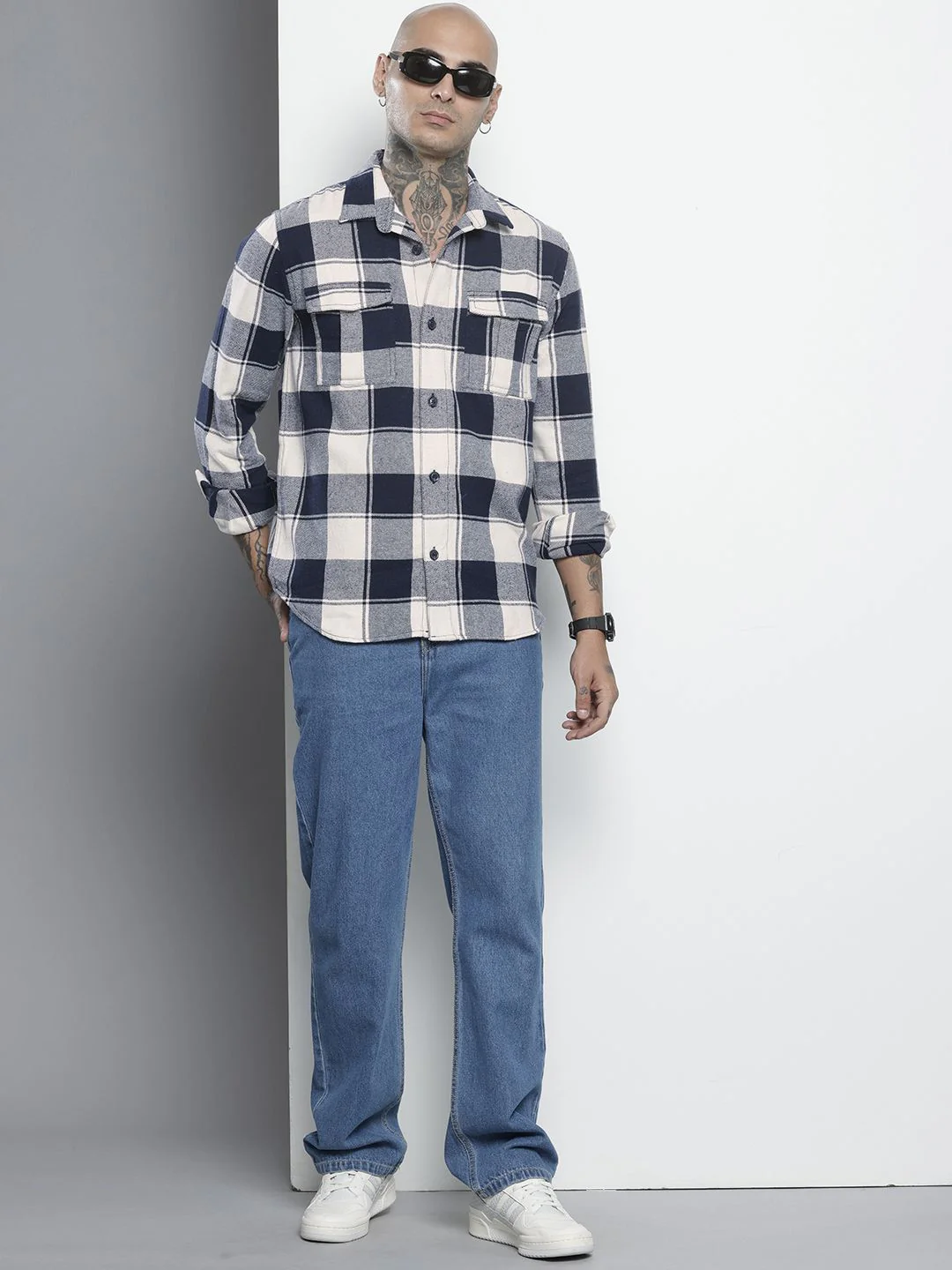 Men's Navy Regular Fit Checkered Casual Shirt - Image 4