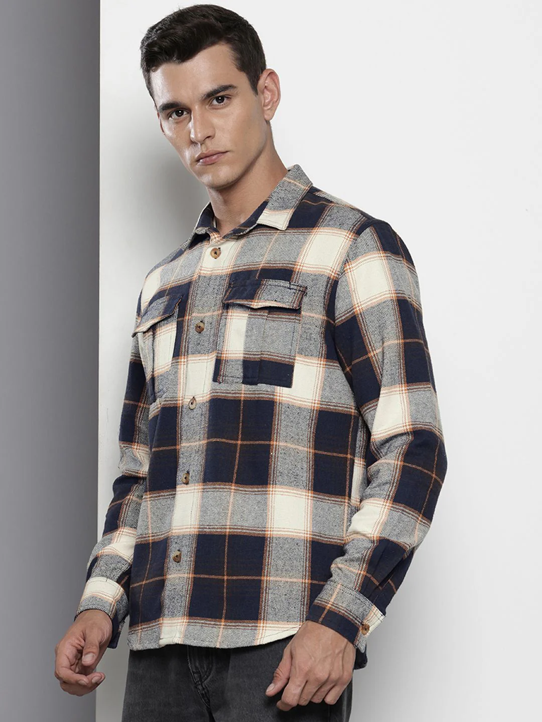 Men's Navy Regular Fit Checkered Casual Shirt - Image 2