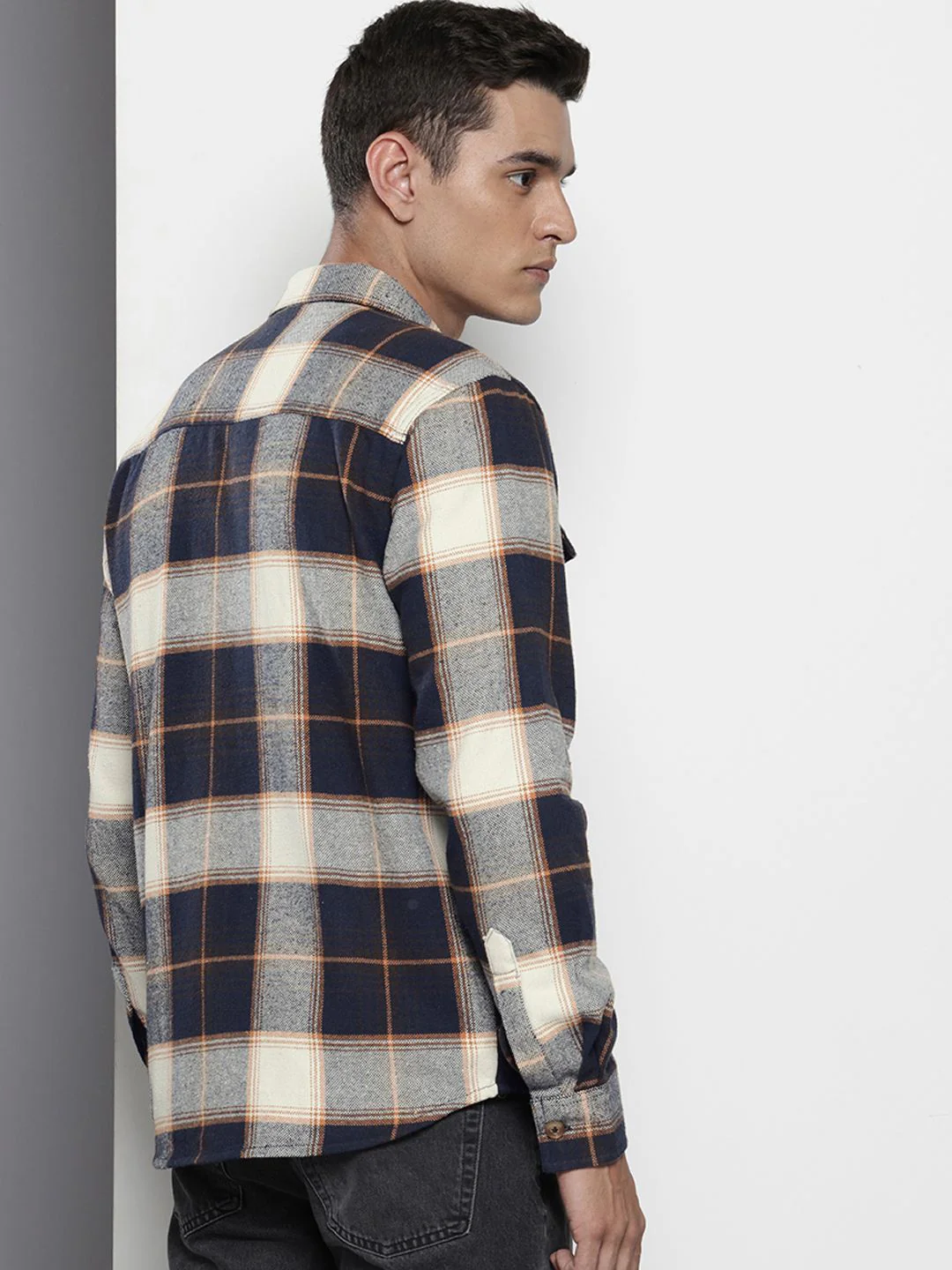 Men's Navy Regular Fit Checkered Casual Shirt - Image 4