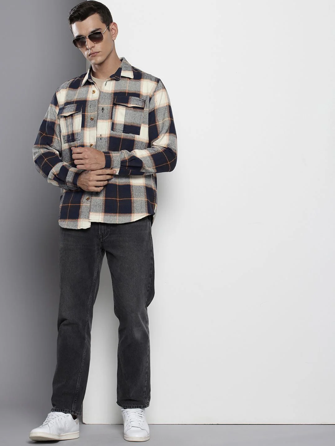 Men's Navy Regular Fit Checkered Casual Shirt - Image 5
