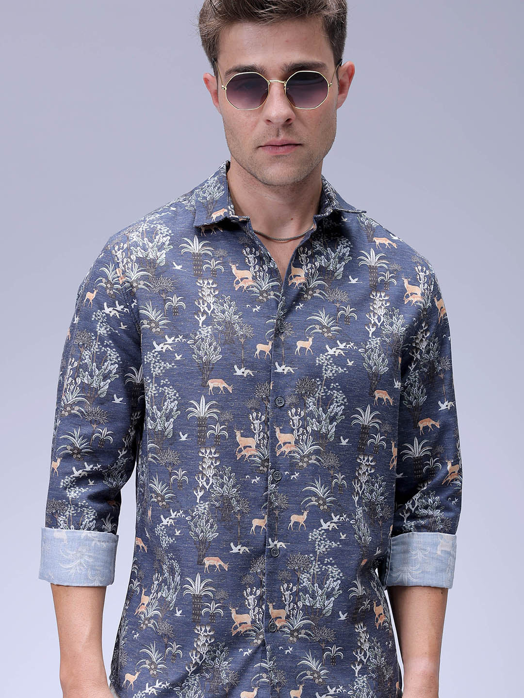 Men's Navy Regular Fit Floral Print Resort Wear Shirt