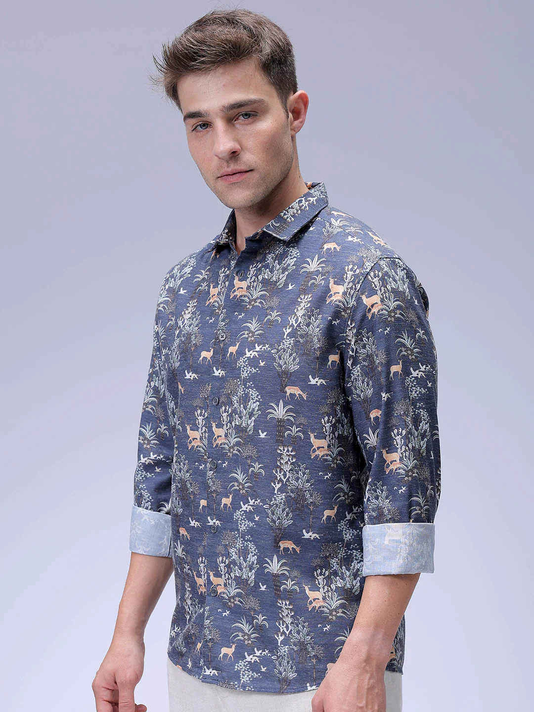 Men's Navy Regular Fit Floral Print Resort Wear Shirt - Image 2