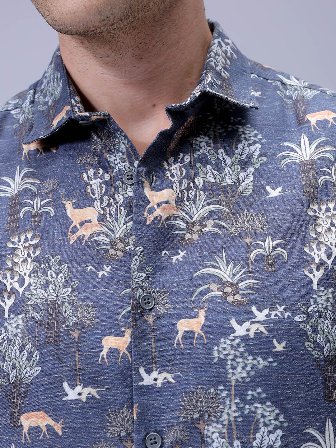 Men's Navy Regular Fit Floral Print Resort Wear Shirt - Image 3