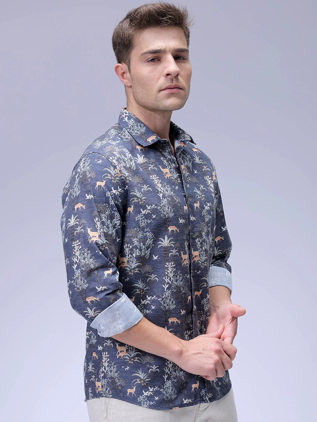 Men's Navy Regular Fit Floral Print Resort Wear Shirt - Image 4
