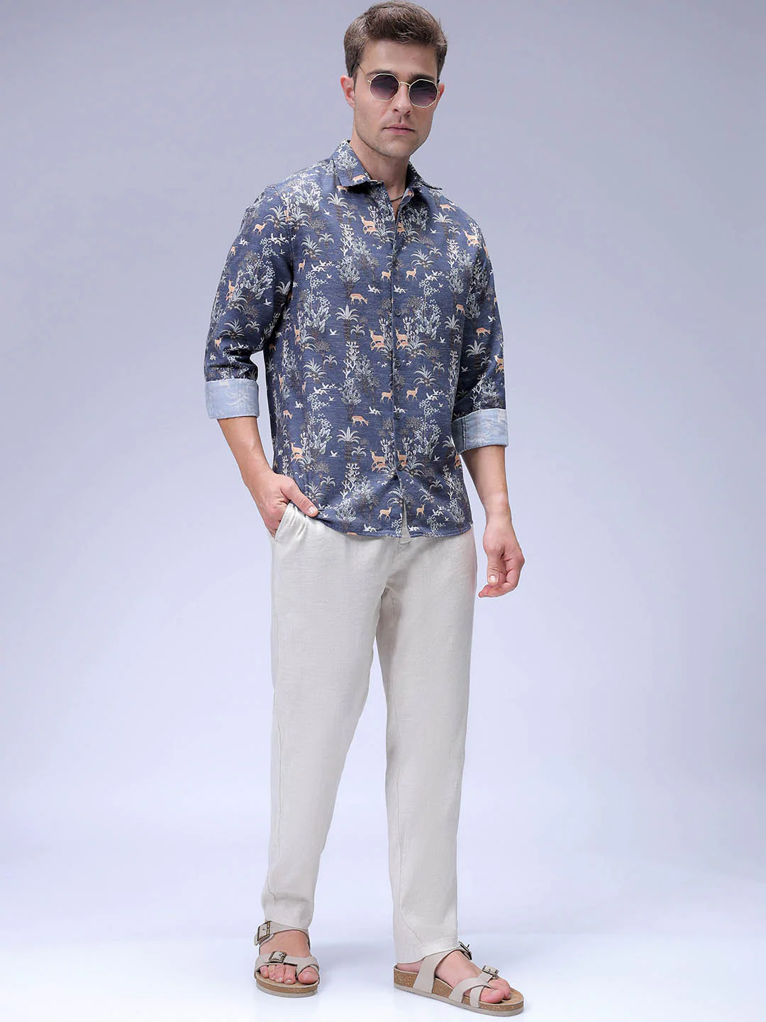 Men's Navy Regular Fit Floral Print Resort Wear Shirt - Image 6