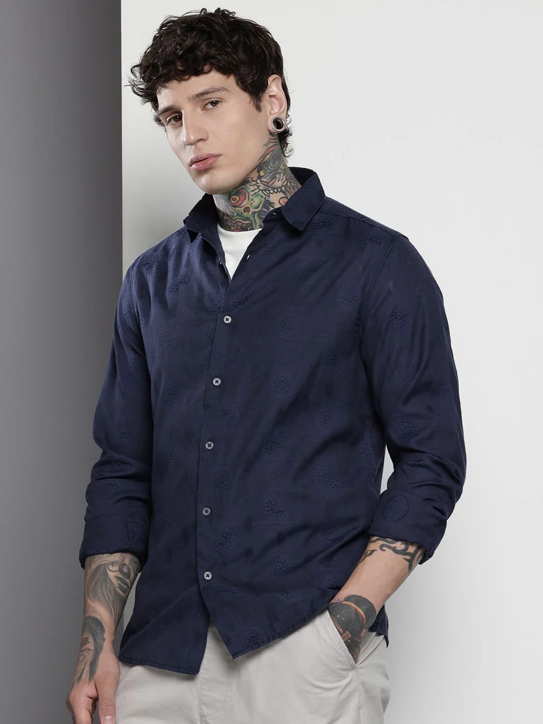 Men's Navy Blue Regular Fit Textured Shirt - Image 2