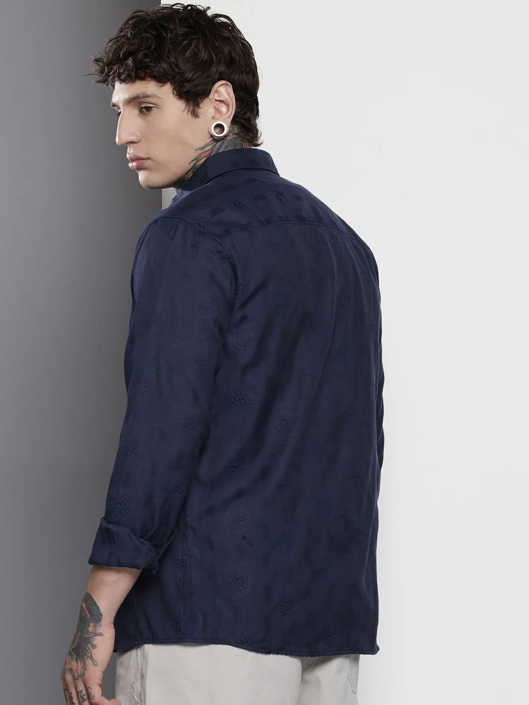 Men's Navy Blue Regular Fit Textured Shirt - Image 4
