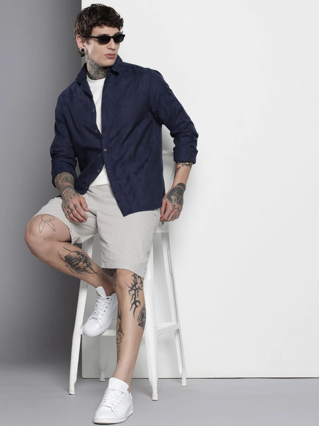 Men's Navy Blue Regular Fit Textured Shirt - Image 5