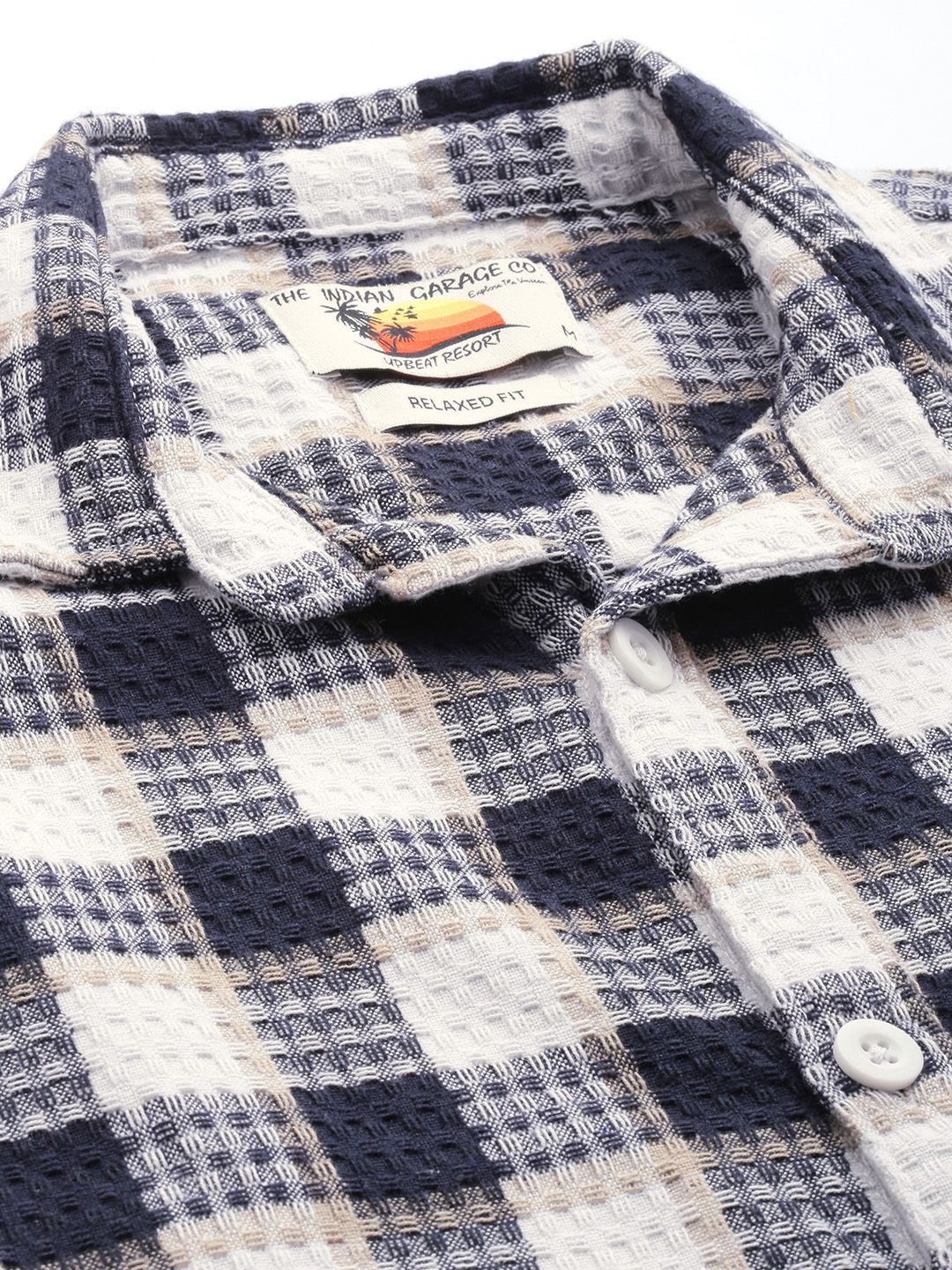Men's Navy Relaxed Fit Checkered Textured Shirt - Image 3