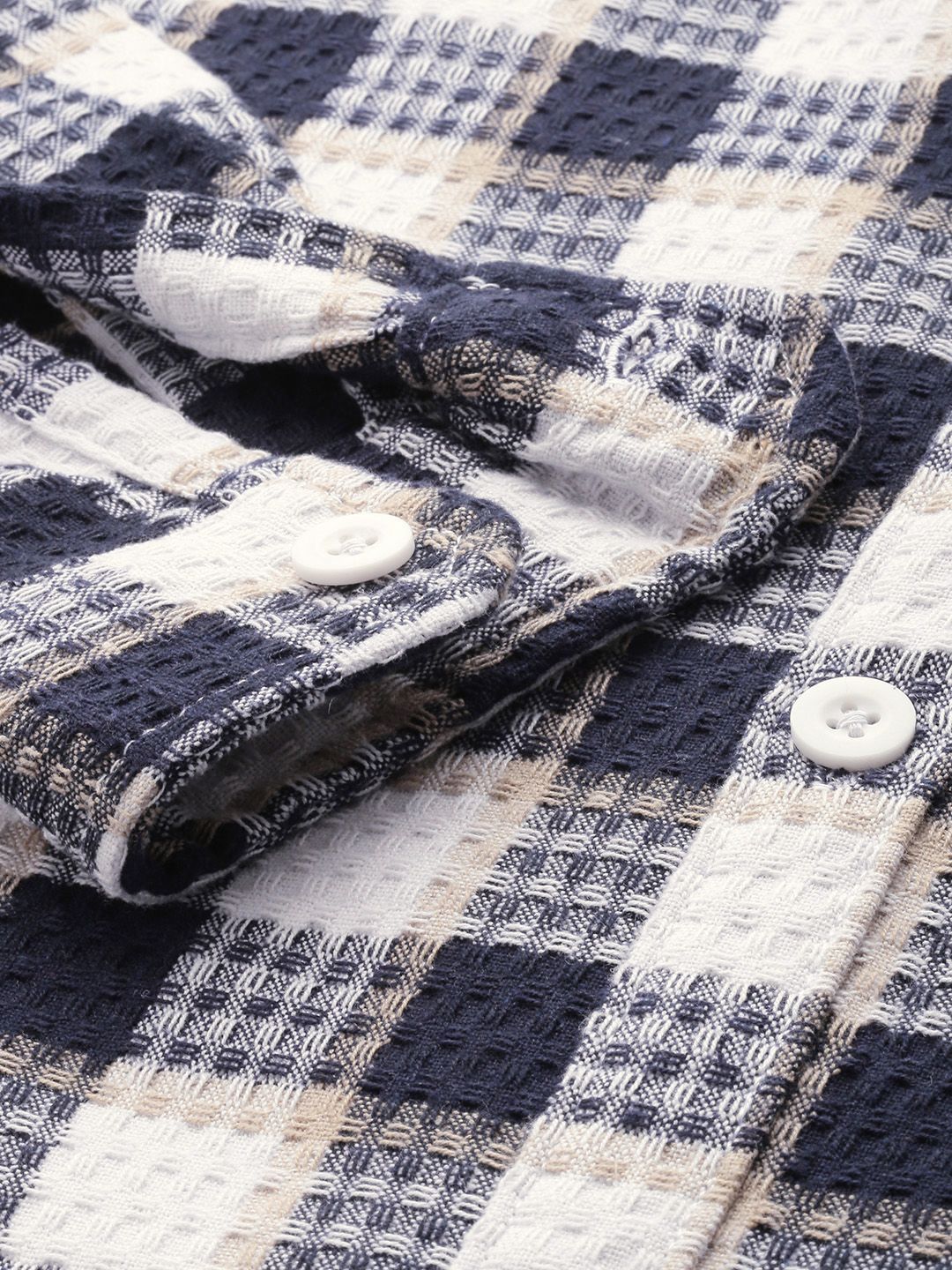 Men's Navy Relaxed Fit Checkered Textured Shirt - Image 5