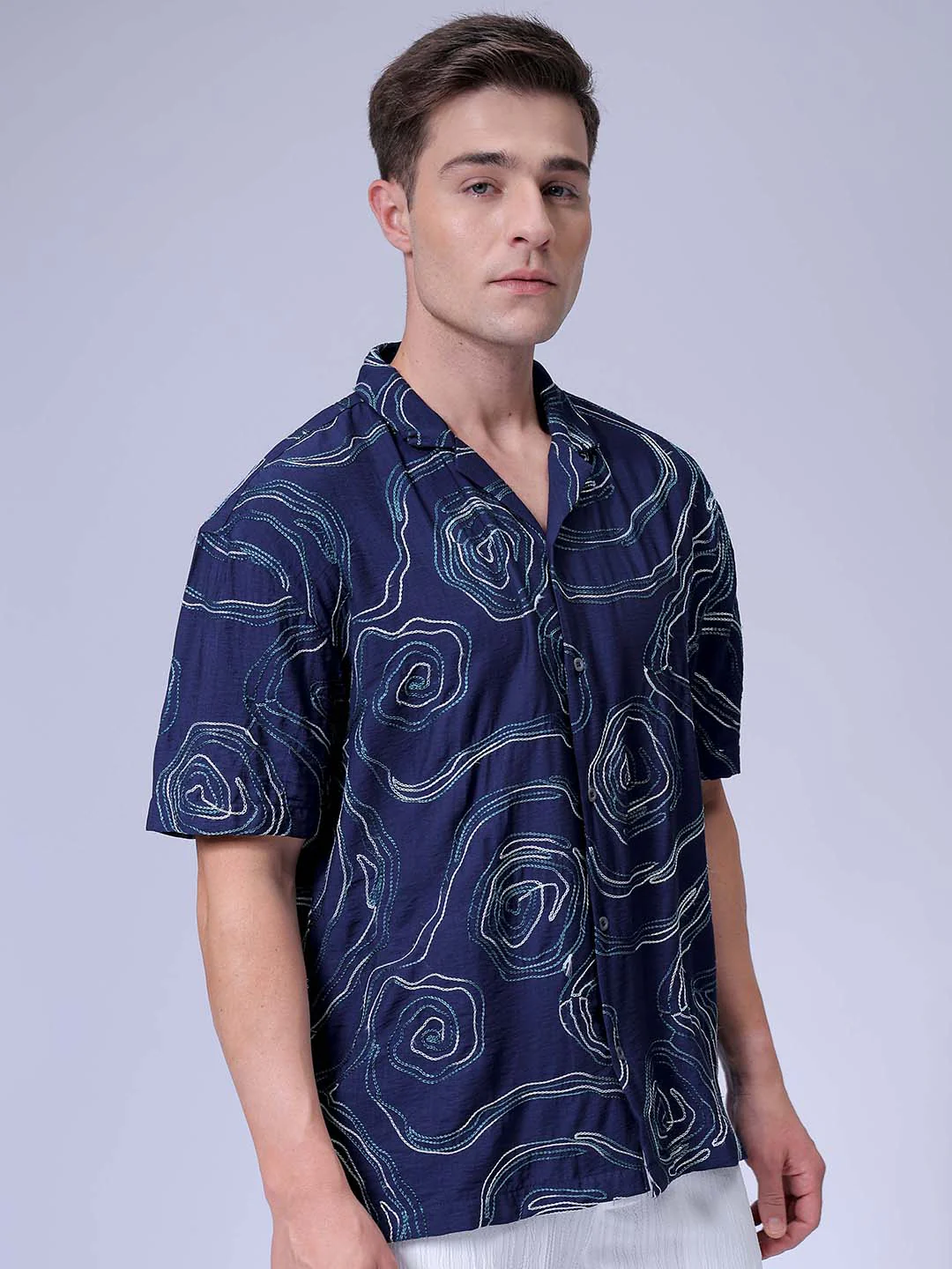 Men's Navy Blue Relaxed Fit Embroided Resort Wear Shirt - Image 3