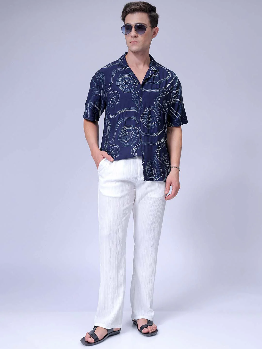 Men's Navy Blue Relaxed Fit Embroided Resort Wear Shirt - Image 4