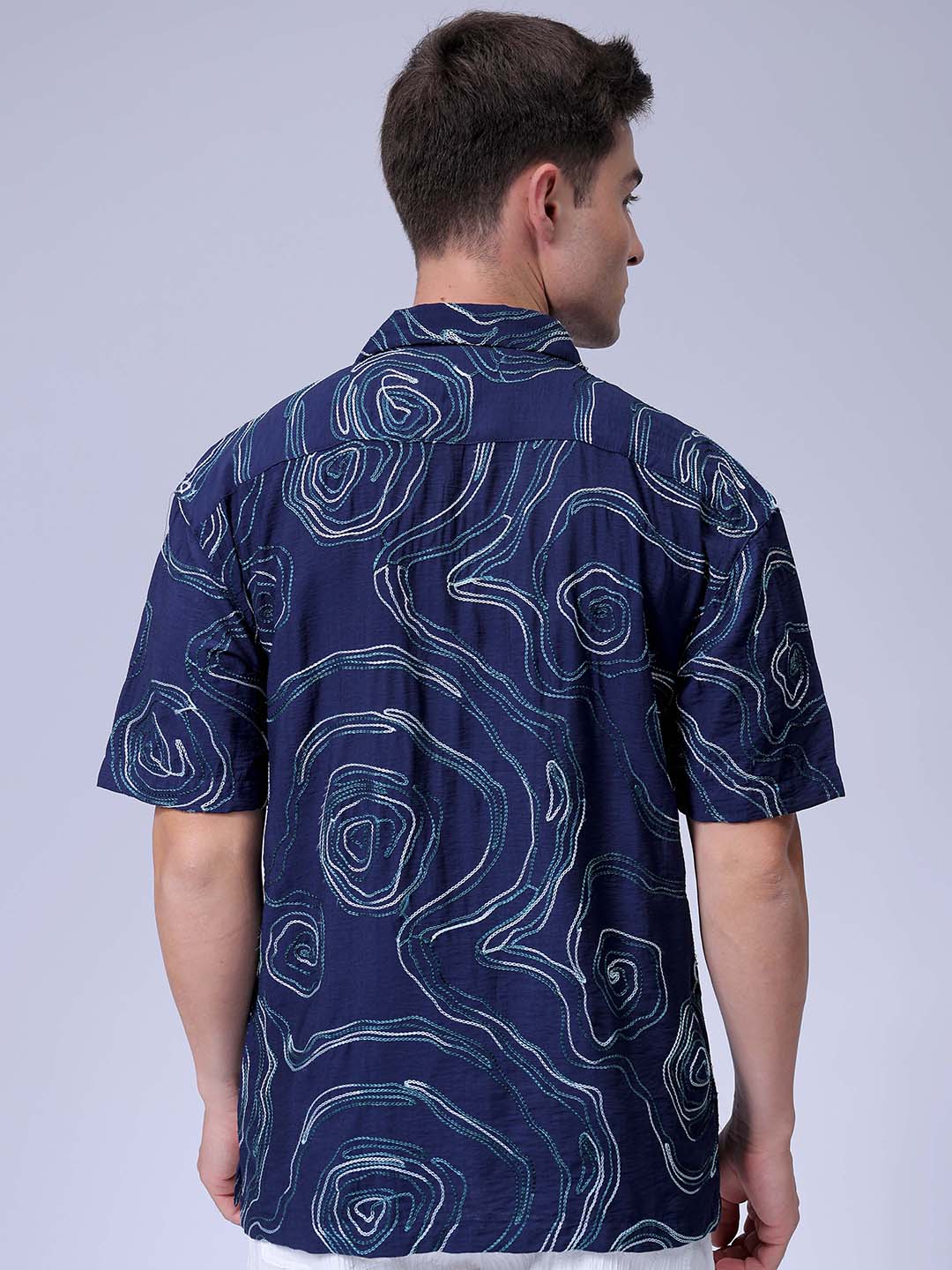 Men's Navy Blue Relaxed Fit Embroided Resort Wear Shirt - Image 5